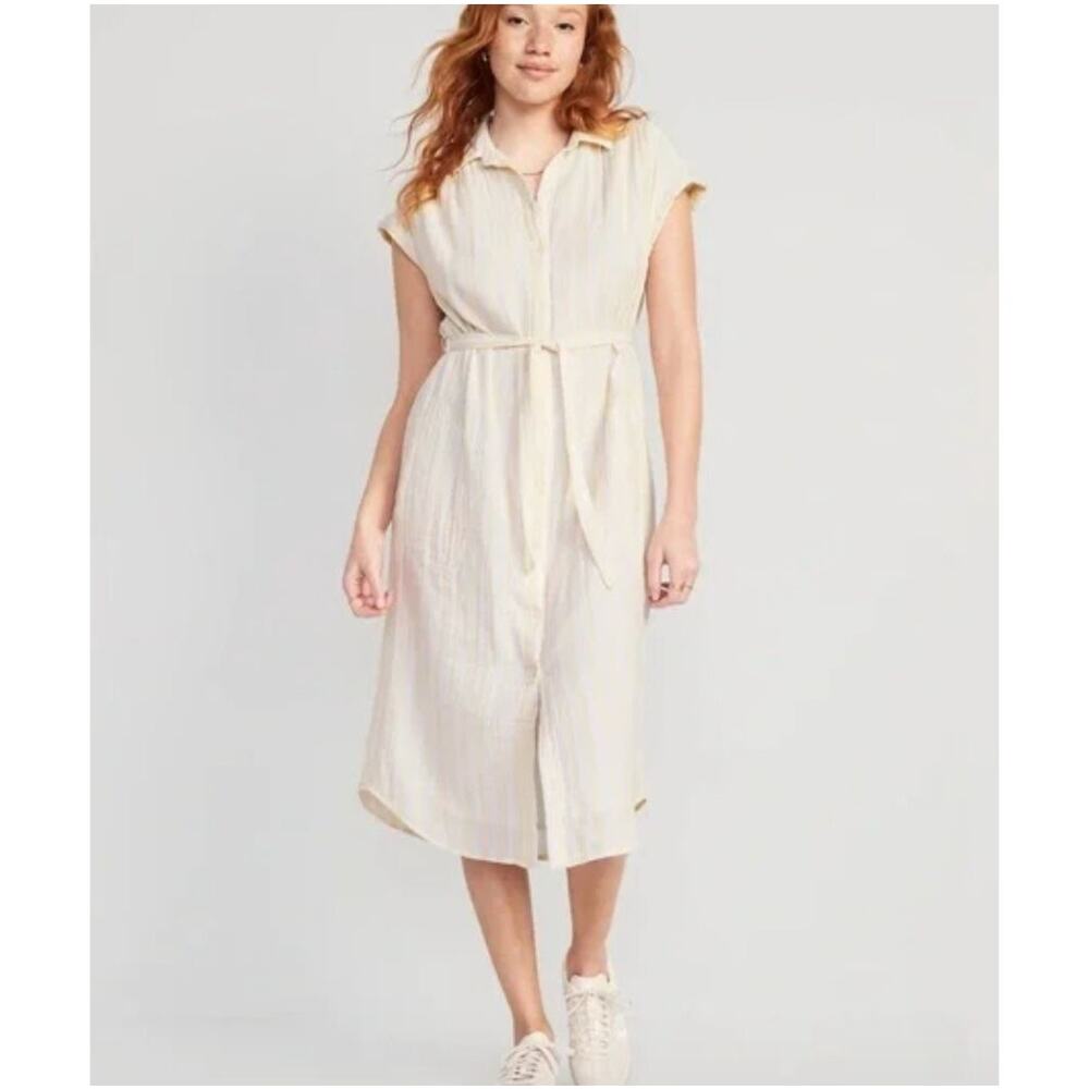 NWT Old Navy Short-Sleeve Waist-Defined Striped Midi Shirt Dress Women's Sz XXL‎